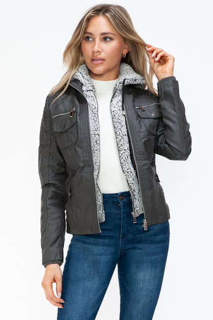 Removable Faux Layered Multi-Pocket Jacket with Fuzzy Hood Charcoal