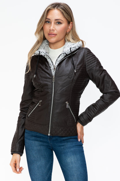 Faux Layered Double-Zipper Jacket with Fuzzy Hood Dark Choco