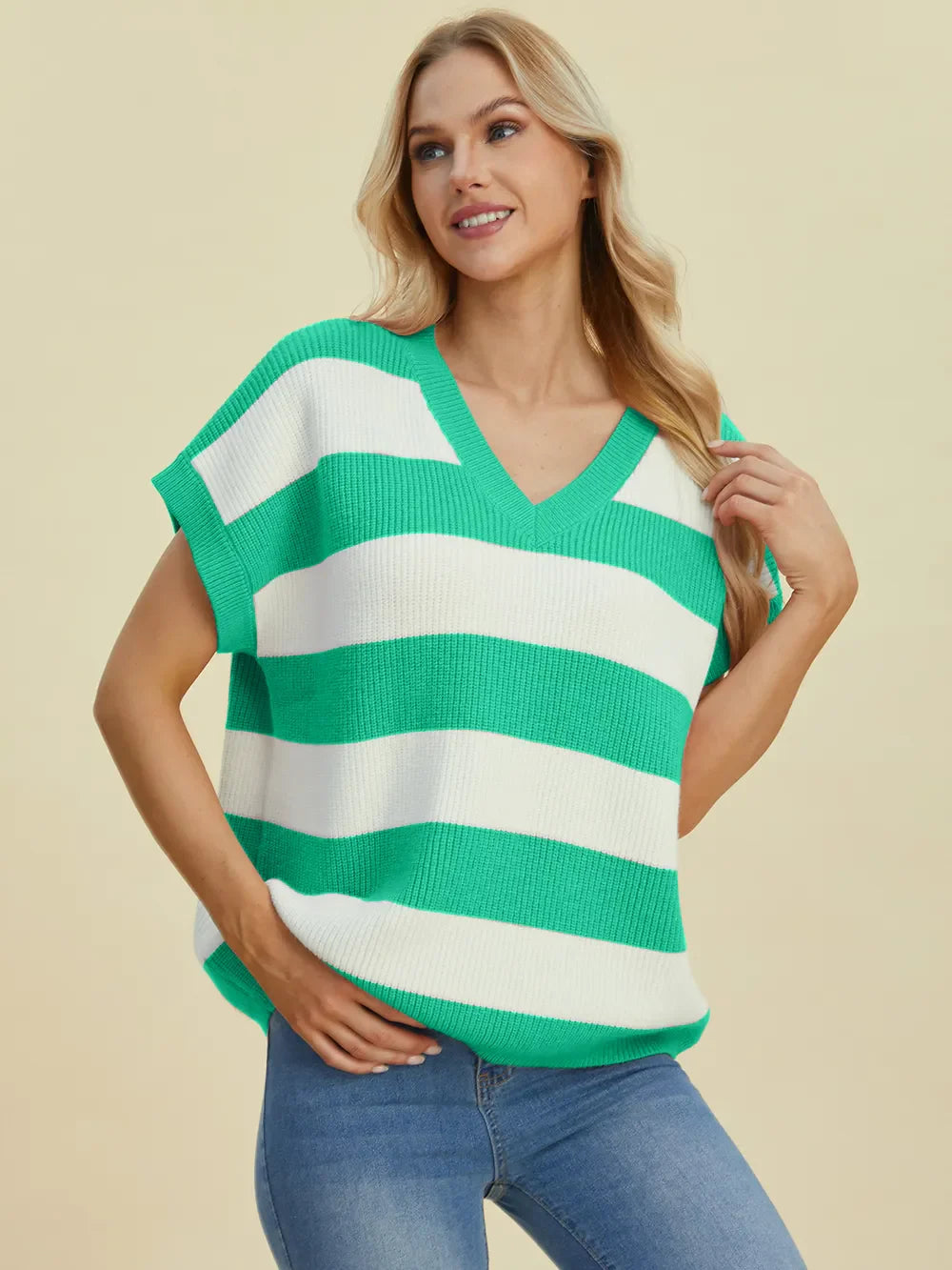 Double Take Striped V-Neck Short Sleeve Sweater