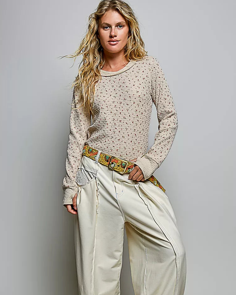 Ribbed Knit Floral Crew Neck Long Sleeve Top