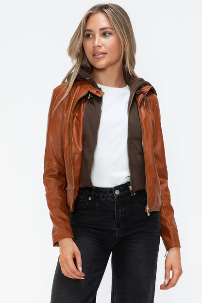 Camel Leather Zip-Up Drawstring Hooded Jacket