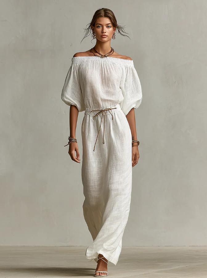 Women's Linen Pants Suit | Solid Color Lantern Sleeve Set