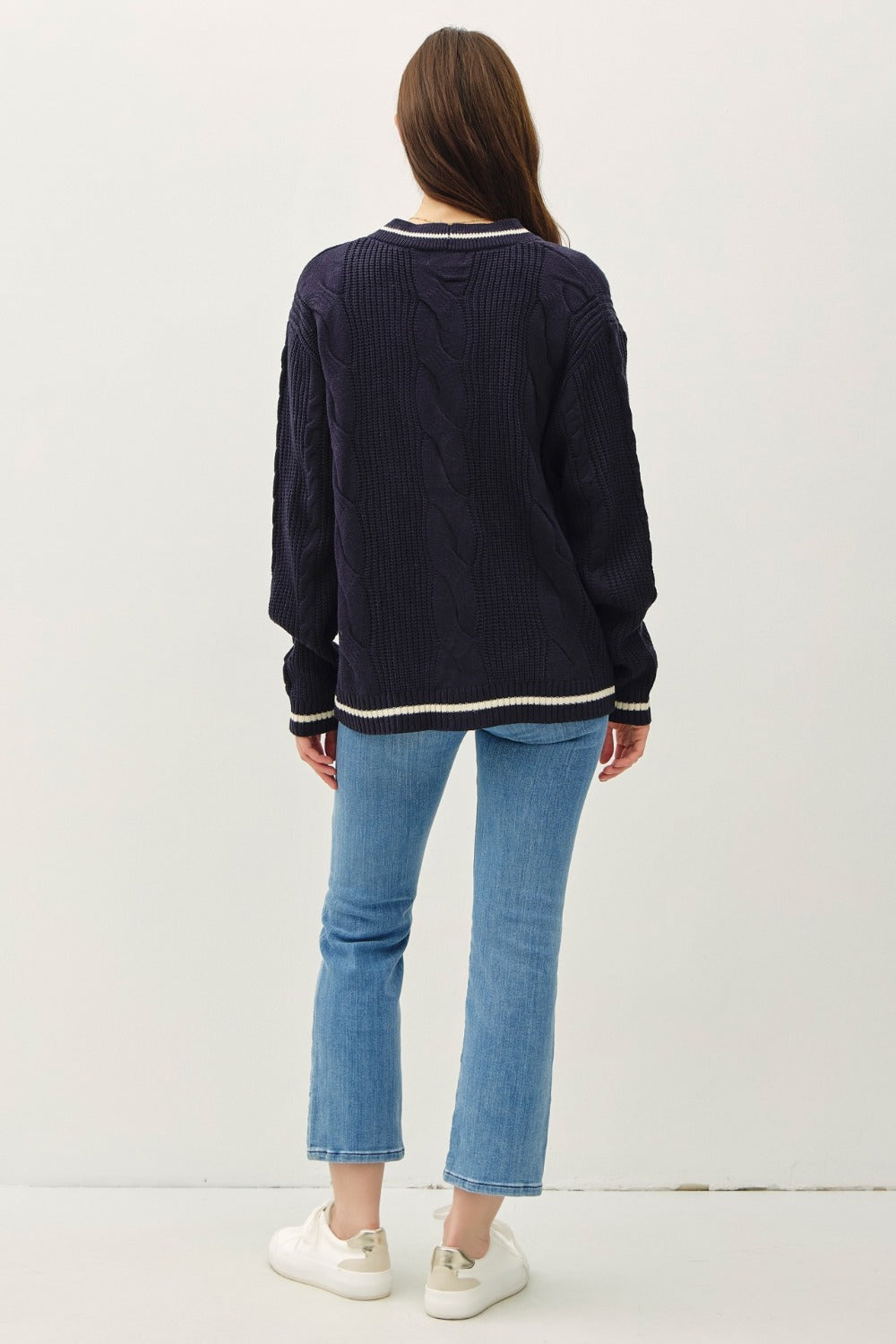 Contrast Trim Cable-Knit V-Neck Cardigan Navy