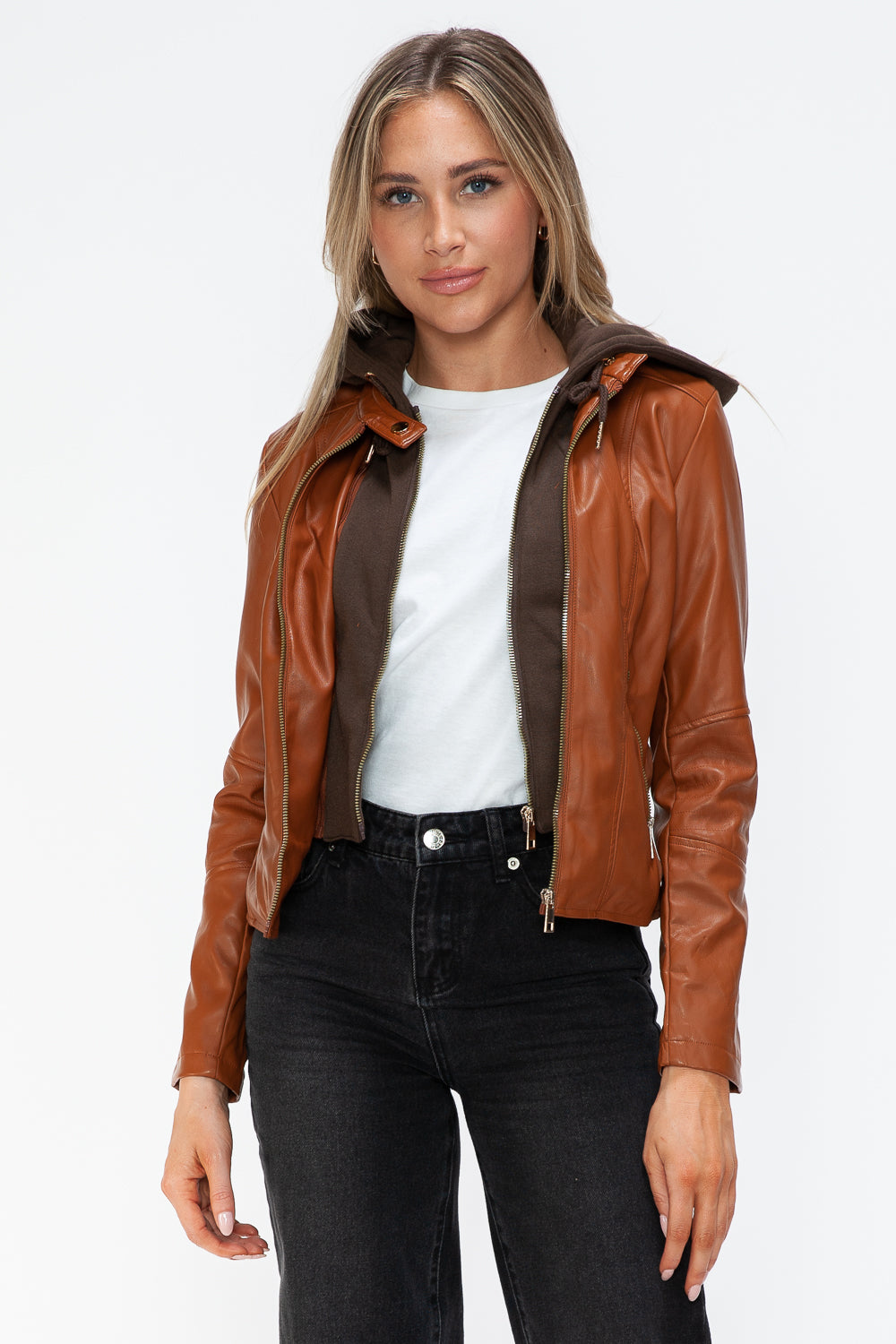 Camel Leather Zip-Up Drawstring Hooded Jacket