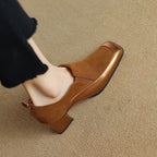 Women's Retro Cowhide Square Toe Chunky Heel | Slip-On Pumps