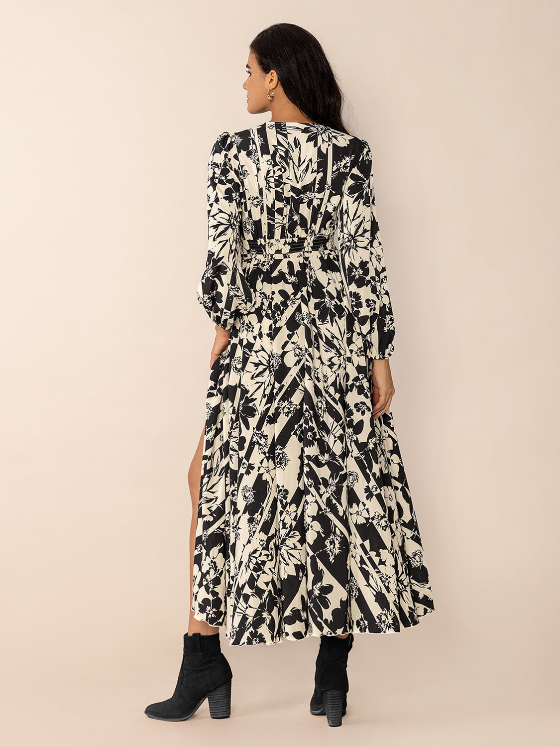 Floral Print Tied V-Neck Long Sleeve Midi Dress