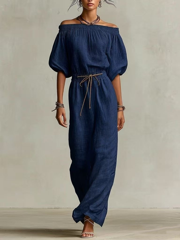 Women's Linen Pants Suit | Solid Color Lantern Sleeve Set