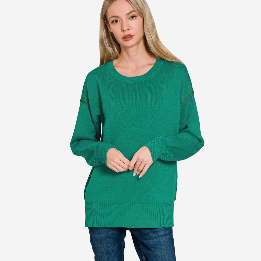Zenana Round Neck Contrast Trim Sweater