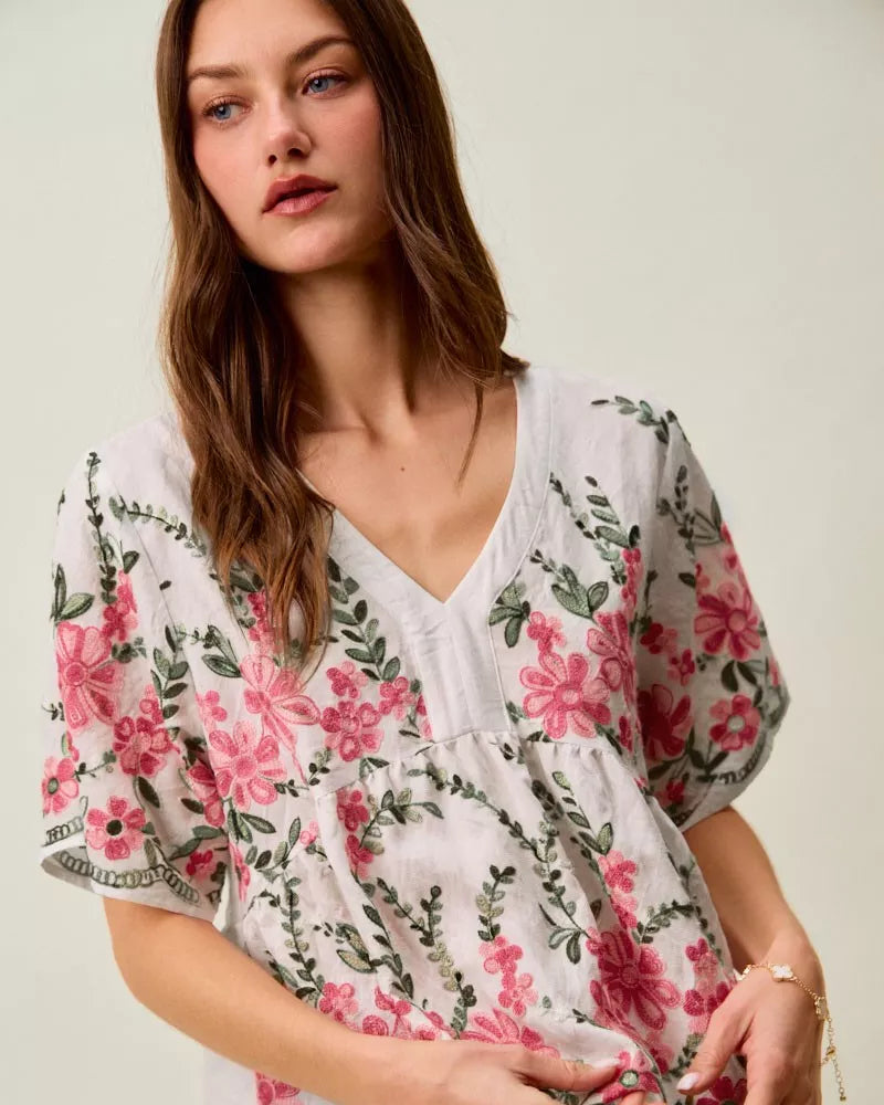 Floral Embroidered V-Neck Boho Blouse Top