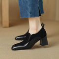 Women's Retro Cowhide Square Toe Chunky Heel | Slip-On Pumps