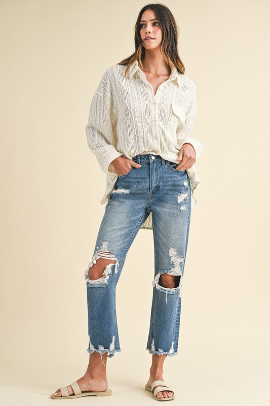 Distressed Raw Hem Cropped Jeans