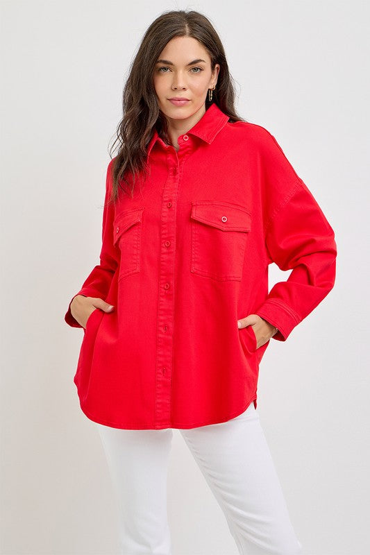 Button Down Long Sleeve Denim Shacket with Pockets