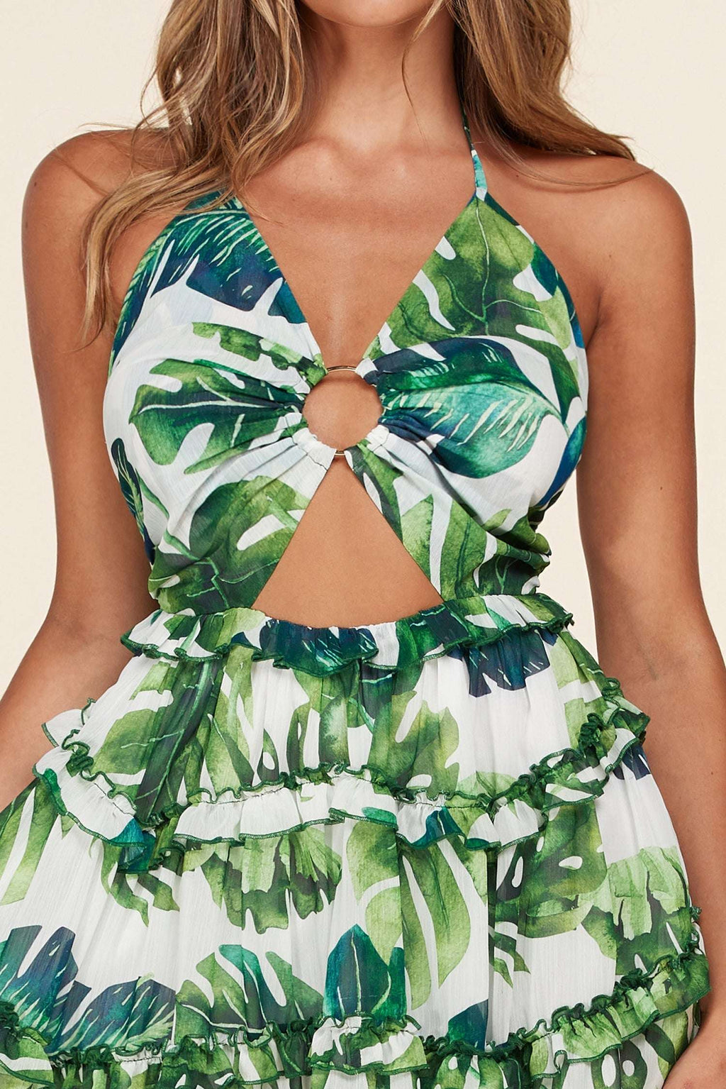 Fasheabe Leaf Print O-Ring Mini Dress