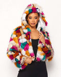 Fasheabe Multicolor Faux Fur Hooded Jacket with Front Zipper