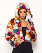 Fasheabe Multicolor Faux Fur Hooded Jacket with Front Zipper