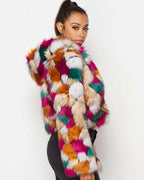Fasheabe Multicolor Faux Fur Hooded Jacket with Front Zipper