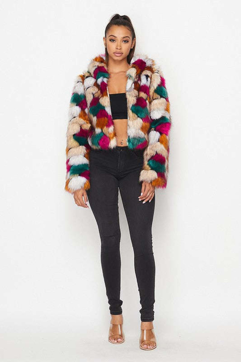 Fasheabe Multicolor Faux Fur Hooded Jacket with Front Zipper