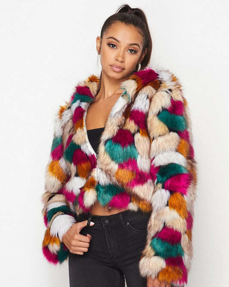 Fasheabe Multicolor Faux Fur Hooded Jacket with Front Zipper