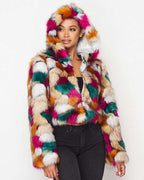 Fasheabe Multicolor Faux Fur Hooded Jacket with Front Zipper