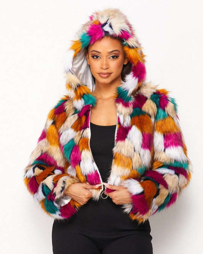 Fasheabe Multicolor Faux Fur Hooded Jacket with Front Zipper