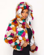 Fasheabe Multicolor Faux Fur Hooded Jacket with Front Zipper