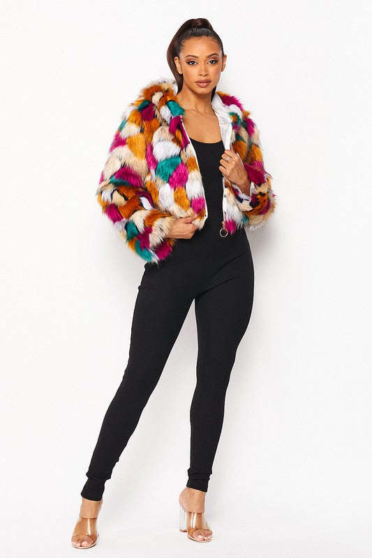 Fasheabe Multicolor Faux Fur Hooded Jacket with Front Zipper