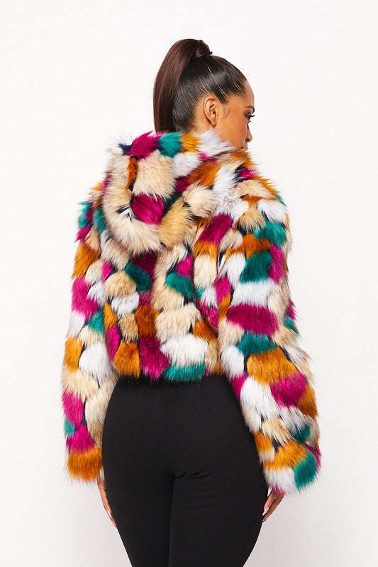 Fasheabe Multicolor Faux Fur Hooded Jacket with Front Zipper