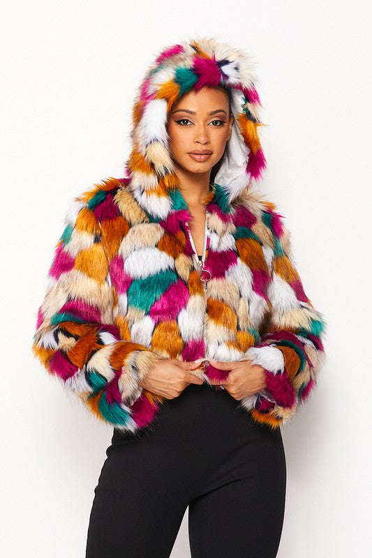 Fasheabe Multicolor Faux Fur Hooded Jacket with Front Zipper