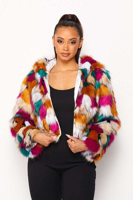 Fasheabe Multicolor Faux Fur Hooded Jacket with Front Zipper