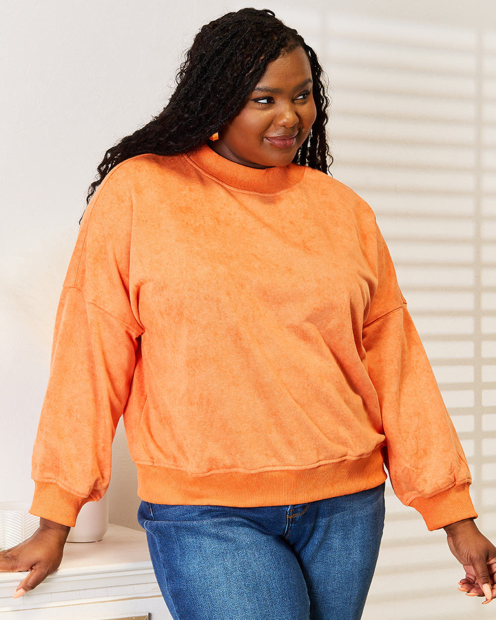 Basic Bae Round Neck Dropped Shoulder Sweatshirt | Orange