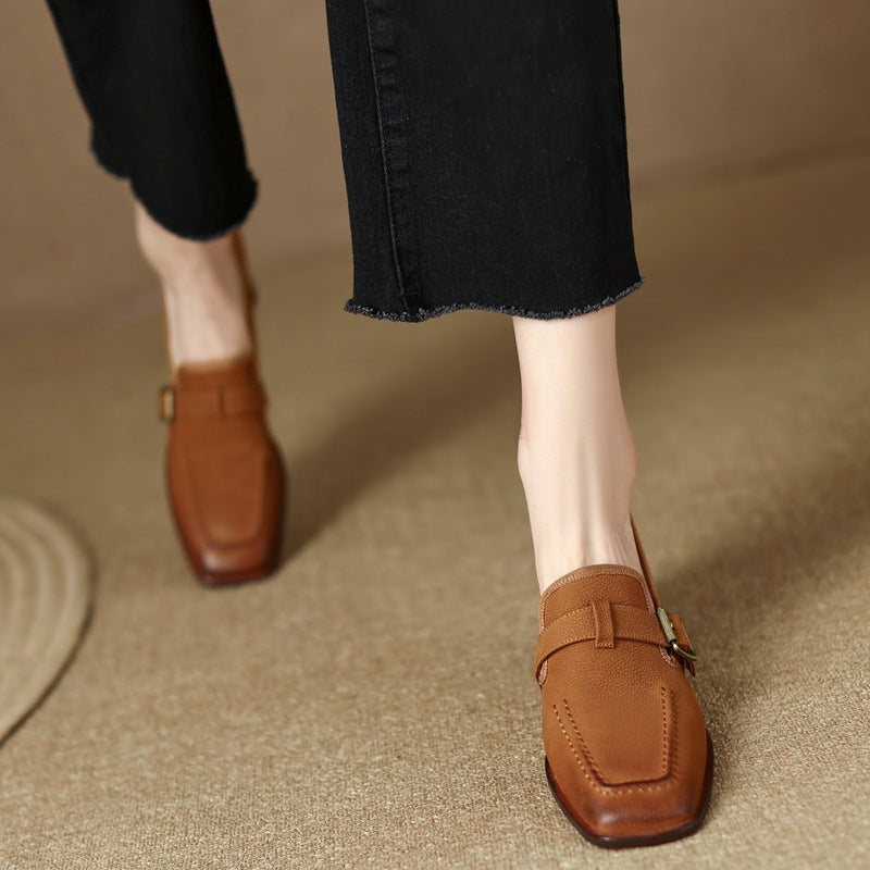 Women's Retro British Style Chunky Heel Leather Shoes | Round Toe Commuter