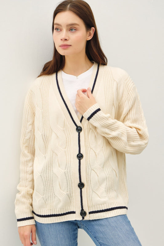 Contrast Trim Cable-Knit V-Neck Cardigan