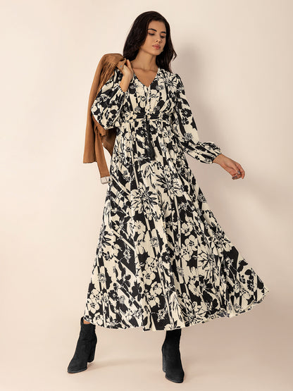 Floral Print Tied V-Neck Long Sleeve Midi Dress