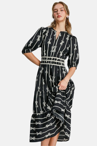 Bow Tie Print Notched Contrast Velvet Trim Midi Dress