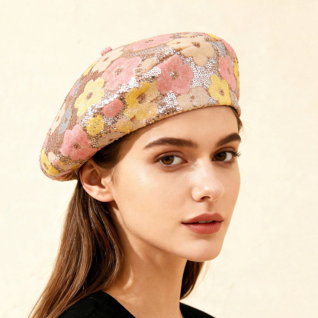 Sequin Flower Beret | Painter's Hat for Women | Outdoor & Everyday Style
