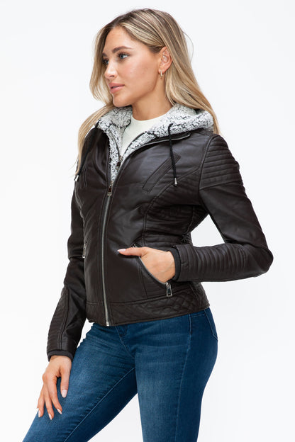 Faux Layered Double-Zipper Jacket with Fuzzy Hood Dark Choco