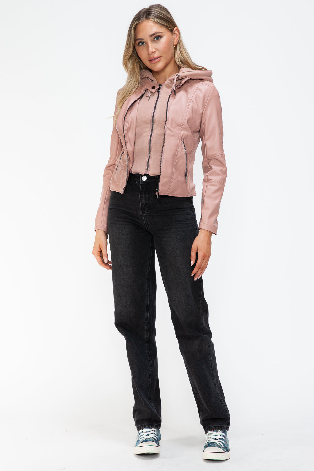 Mauve Leather Zip-Up Drawstring Hooded Jacket