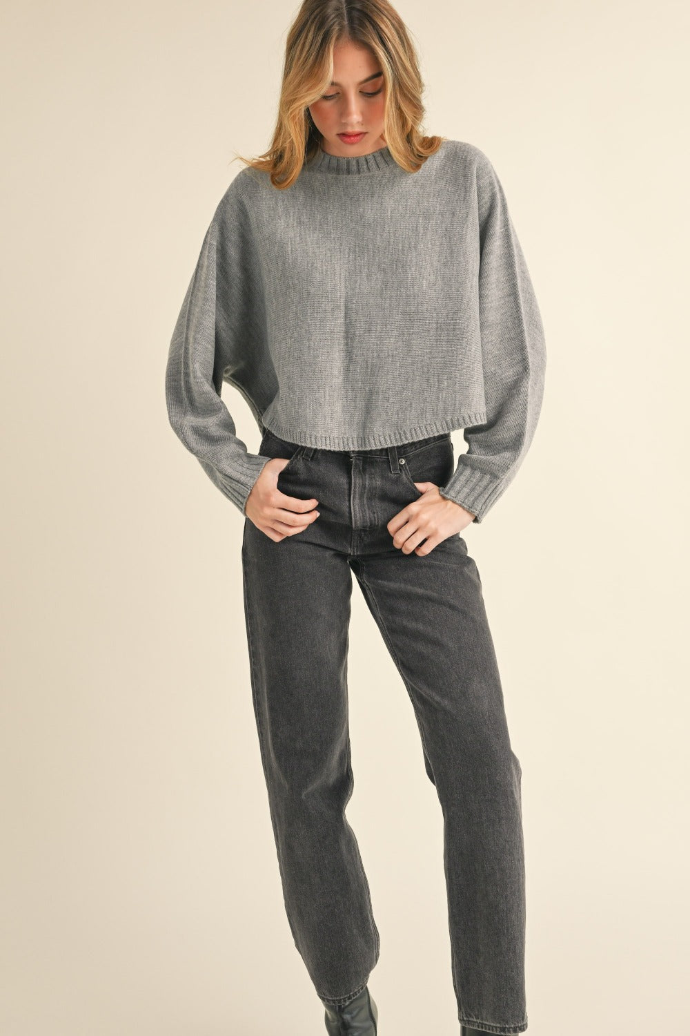 Grey Round Neck Dolman Sleeve Cropped Sweater