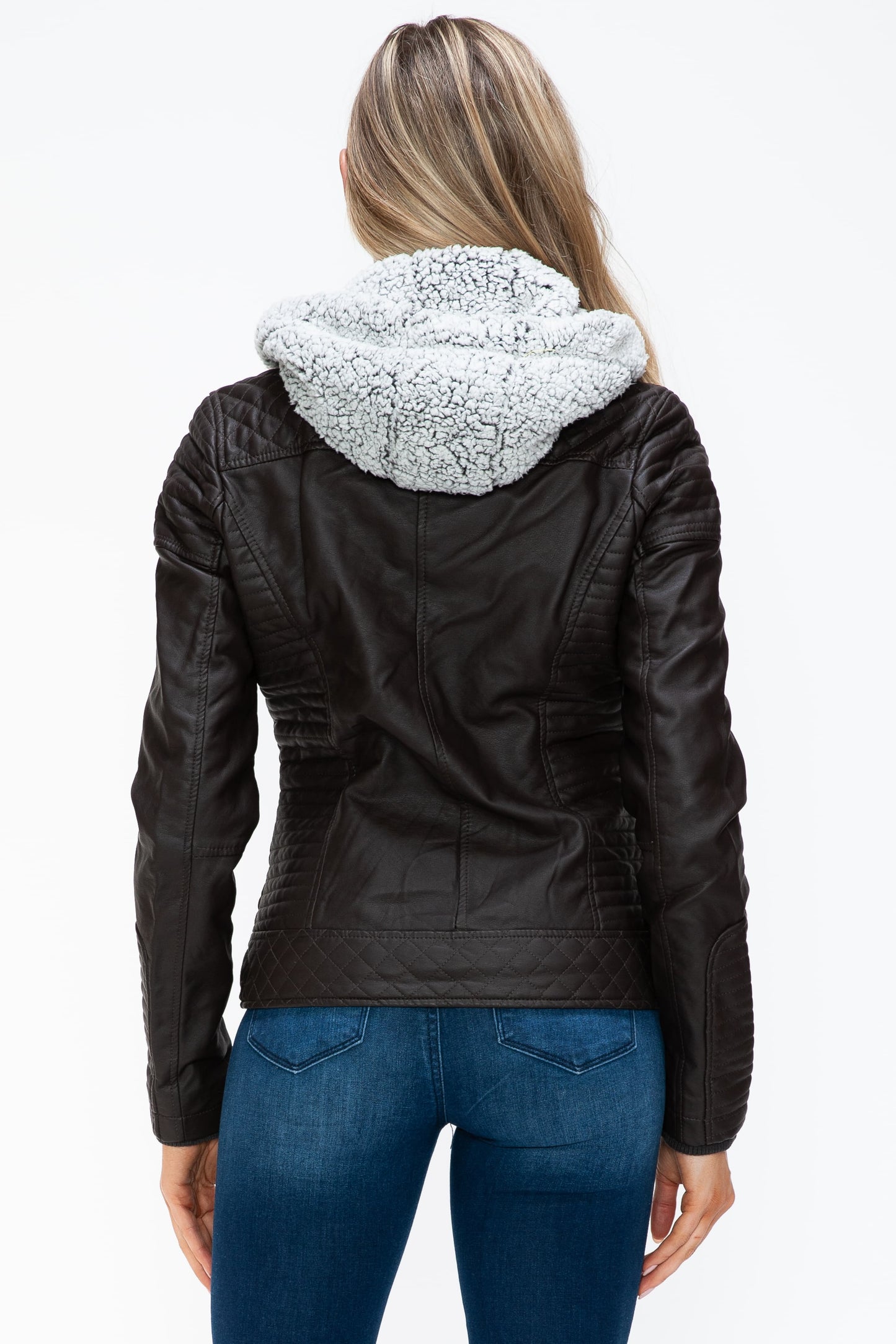 Faux Layered Double-Zipper Jacket with Fuzzy Hood Dark Choco