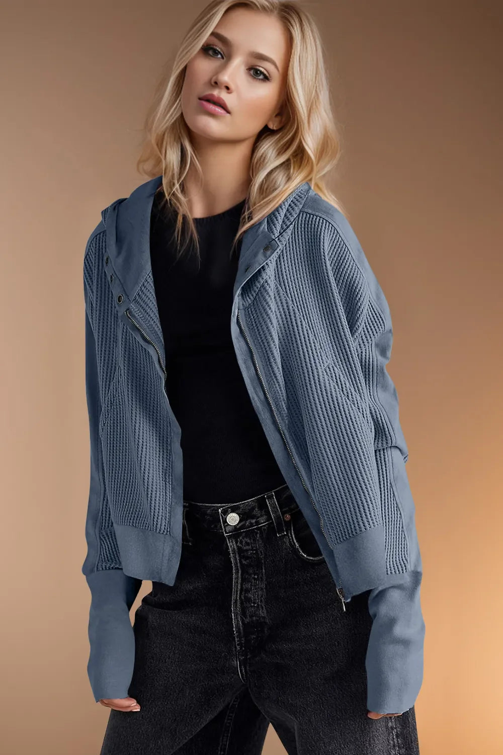 Double Take Waffle-Knit Zip-Up Hooded Jacket