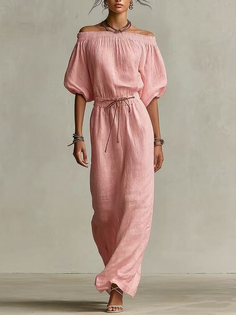 Women's Linen Pants Suit | Solid Color Lantern Sleeve Set