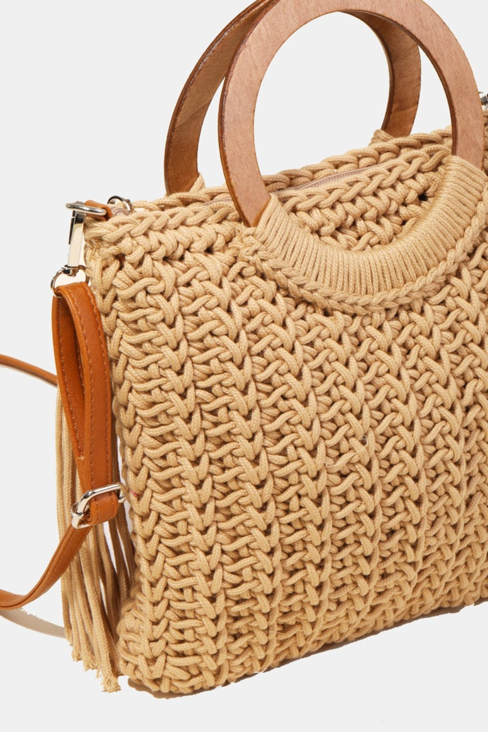 Crochet Knit Convertible Tote Bag with Tassel