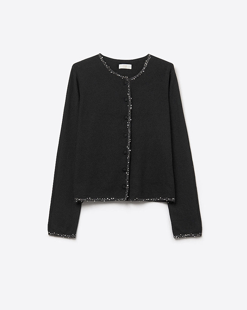 Fine Knit Black Cardigan with Rhinestone Detail