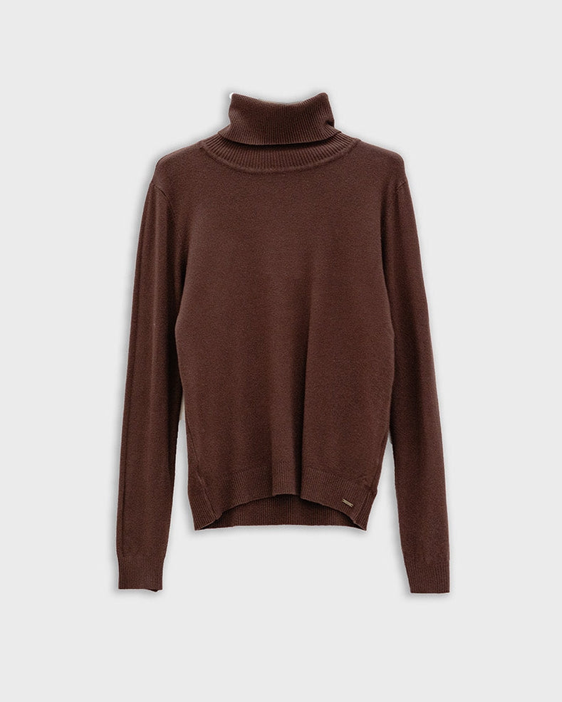 Fine Knit High Neck Jumper in Brown