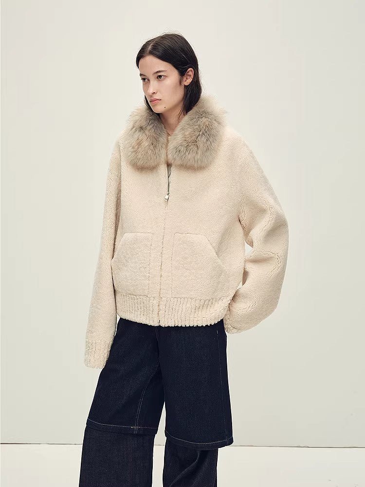 Firelady Fur Women's Merino Shearling Coat | Layered Patch-Dyed Raccoon Fur Collar “Hokkaido Melody”