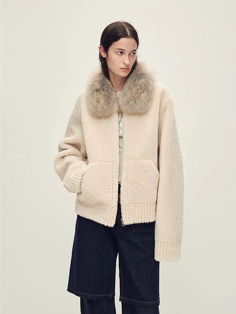 Firelady Fur Women's Merino Shearling Coat | Layered Patch-Dyed Raccoon Fur Collar “Hokkaido Melody”