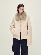 Firelady Fur Women's Merino Shearling Coat | Layered Patch-Dyed Raccoon Fur Collar “Hokkaido Melody”
