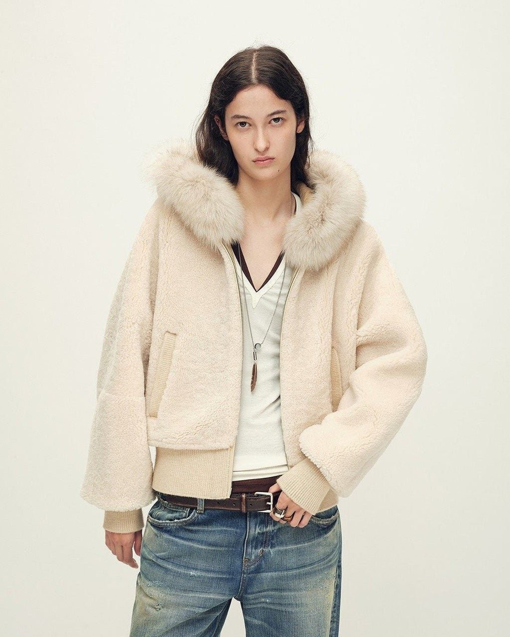Firelady Fur Women's Merino Shearling Coat | Layered Patch-Dyed Raccoon Fur Collar “Hokkaido Melody”