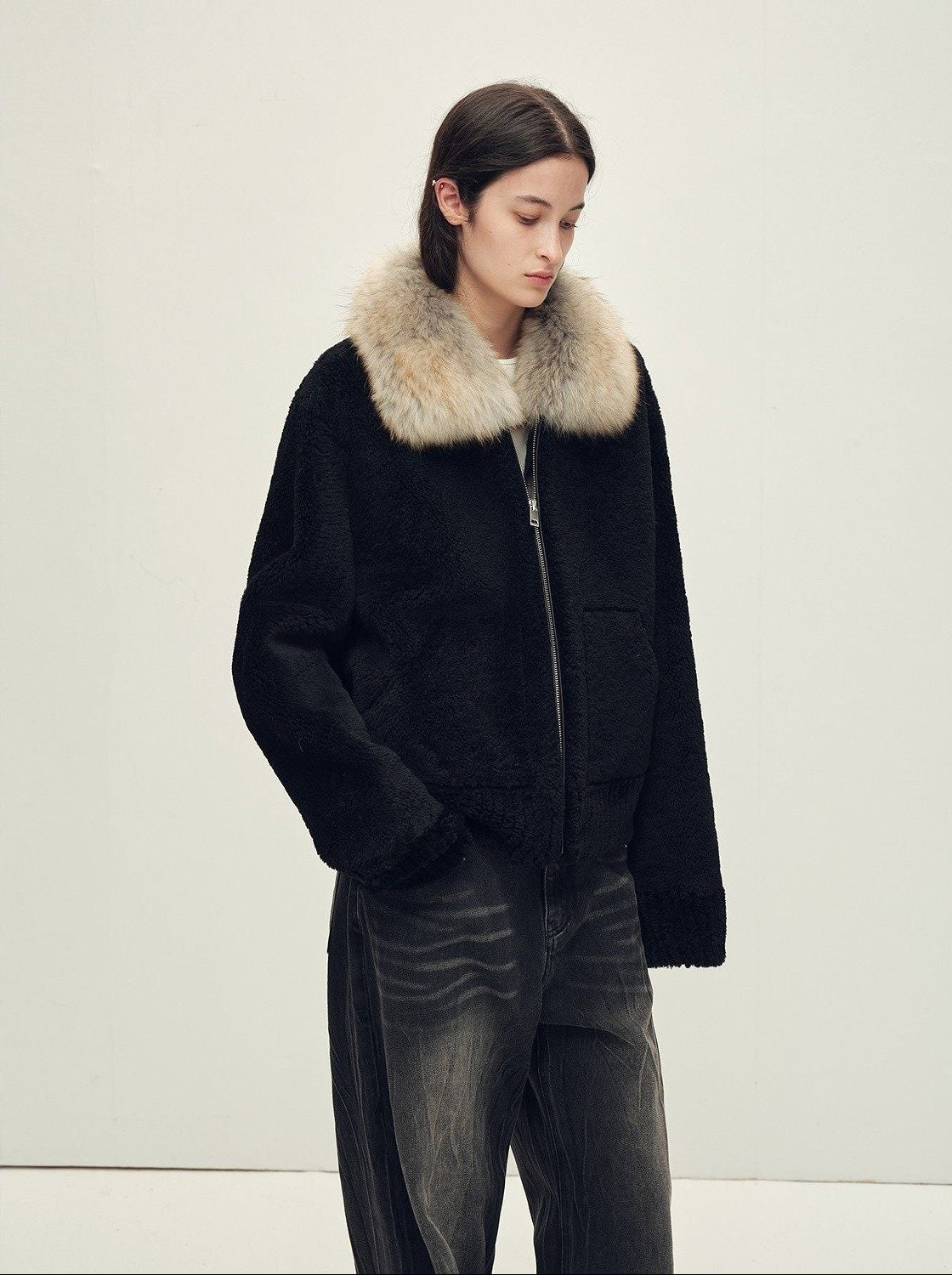 Firelady Fur Women's Merino Shearling Coat | Layered Patch-Dyed Raccoon Fur Collar “Hokkaido Melody”