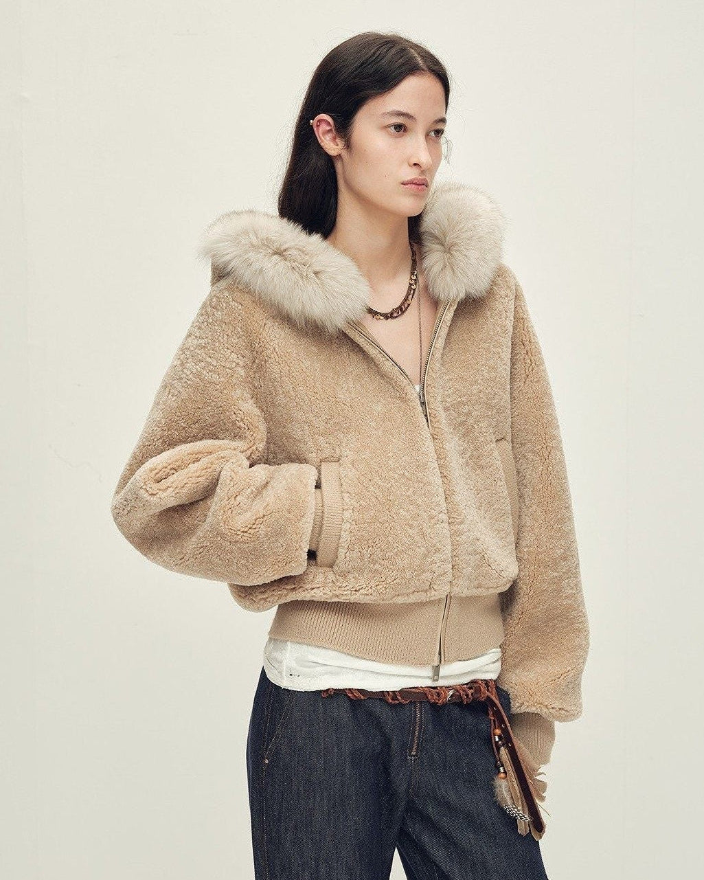 Firelady Fur Women's Merino Shearling Coat | Layered Patch-Dyed Raccoon Fur Collar “Hokkaido Melody”